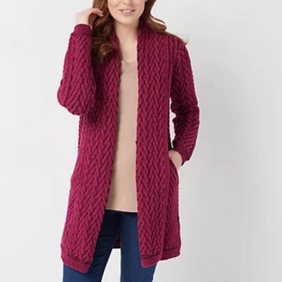 aran craft merino wool open front cardigan with pockets